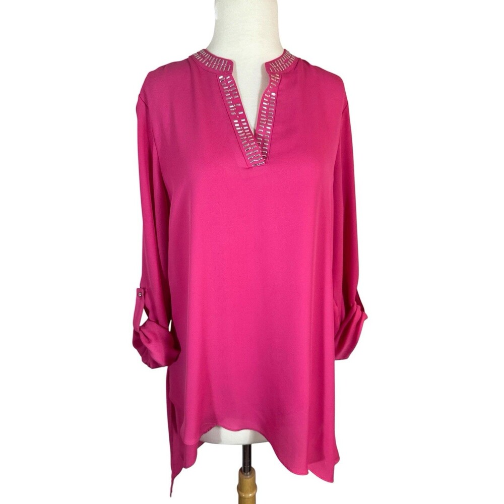 Valerie Stevens Hot Pink V-Neck Tunic Metallic Embellishment Roll Tab Sleeve